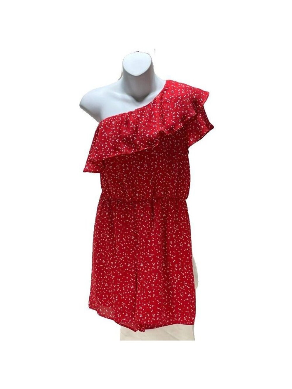 Everly Size M Red One Shoulder Polka Dot Romper